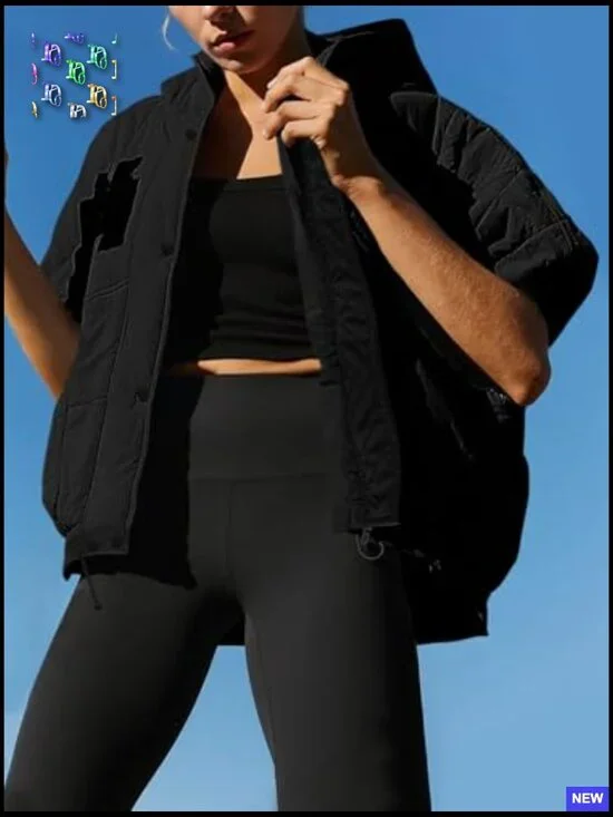 Oversized Quilted Puffer Vest Hooded Cap Sleeve Chic Winter Outerwear - Picture 2 of 5